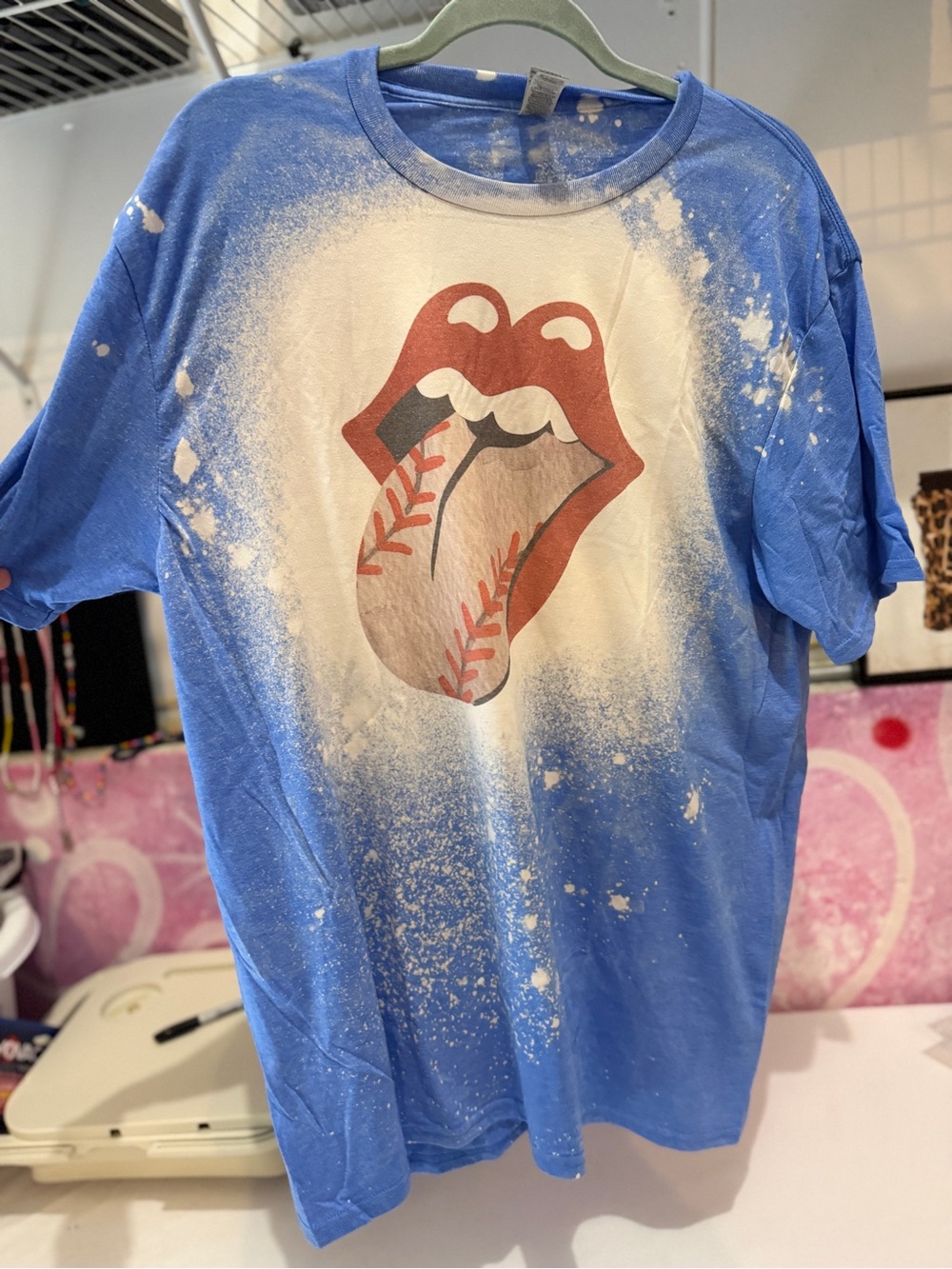 Gildan White Tee with Blue Trim and Red Graphic